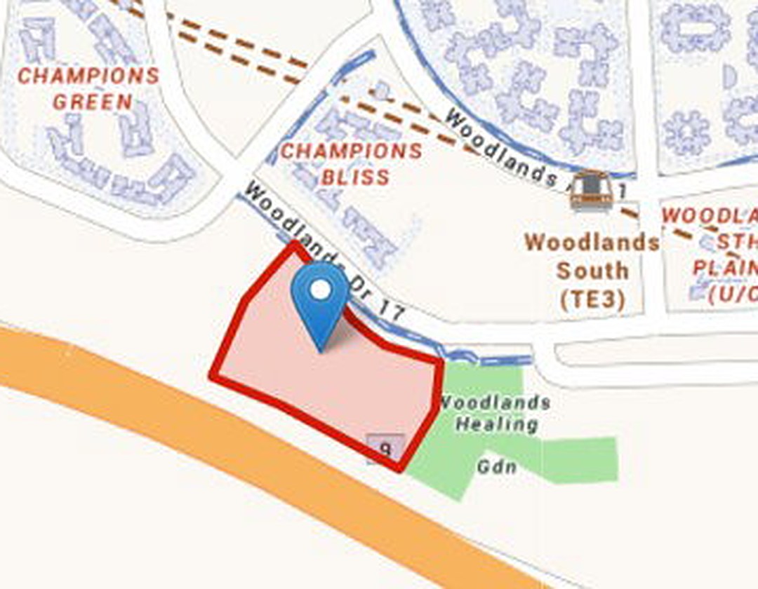 Location plan detail showing the Wynwood Grand parcel outlined in red on Woodlands Drive 17, between the Seletar Expressway and Woodlands South MRT station